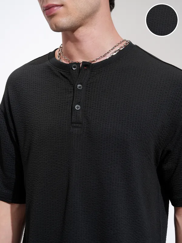 Highlander Men Black Self Design Henley Neck Relaxed Fit T-Shirt