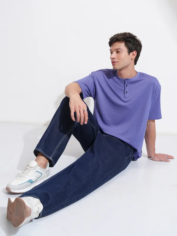 Highlander Men Purple Self Design Henley Neck Relaxed Fit T-Shirt