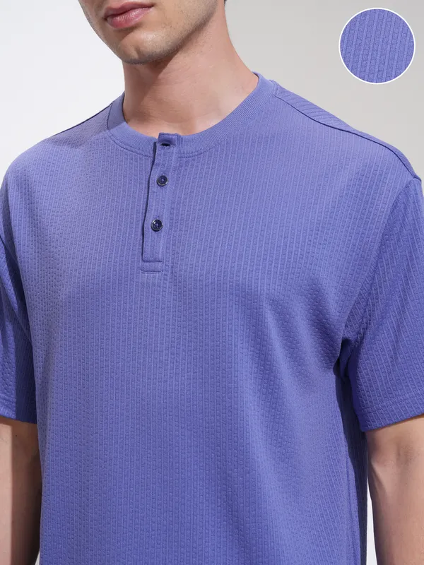 Highlander Men Purple Self Design Henley Neck Relaxed Fit T-Shirt