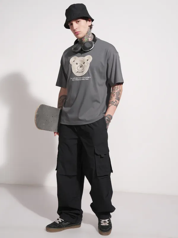Highlander Men Grey Applique Round Neck Oversized Fit T-Shirt