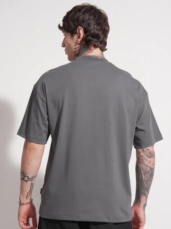 Highlander Men Grey Applique Round Neck Oversized Fit T-Shirt