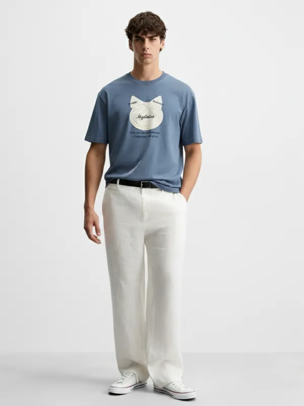 Highlander Men Blue Applique Round Neck Oversized Fit T-Shirt