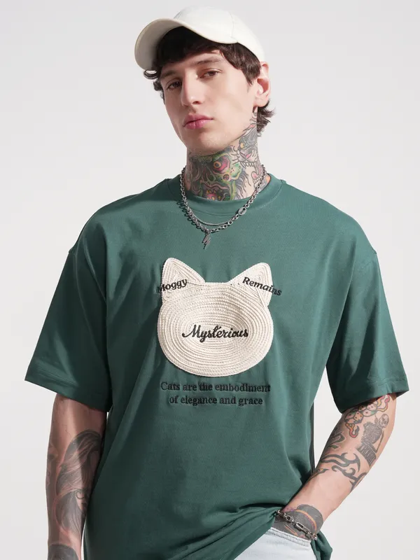 Highlander Men Teal Applique Round Neck Oversized Fit T-Shirt