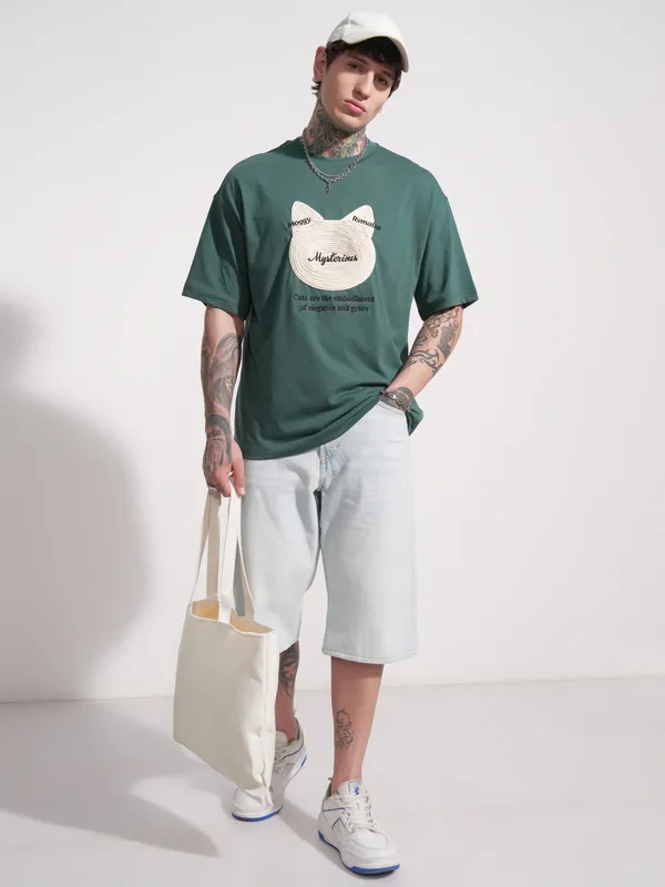 Highlander Men Teal Applique Round Neck Oversized Fit T-Shirt