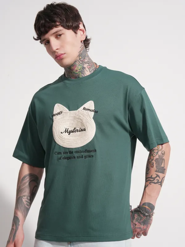 Highlander Men Teal Applique Round Neck Oversized Fit T-Shirt