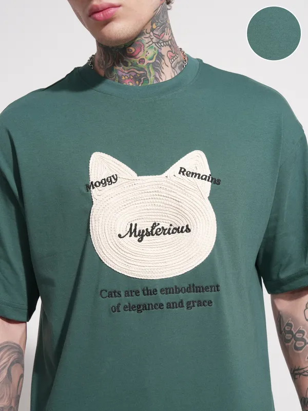 Highlander Men Teal Applique Round Neck Oversized Fit T-Shirt