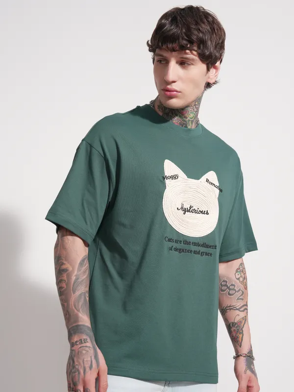 Highlander Men Teal Applique Round Neck Oversized Fit T-Shirt