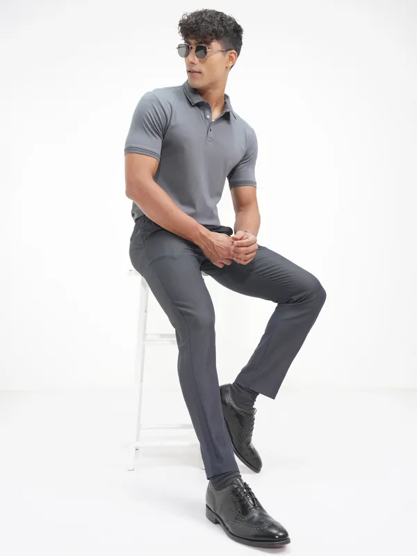 Highlander Men Grey Solid Polo Collar T-Shirt