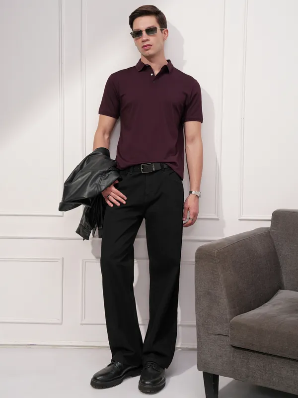 Highlander Men Maroon Solid Polo Collar Regular Fit T-Shirt