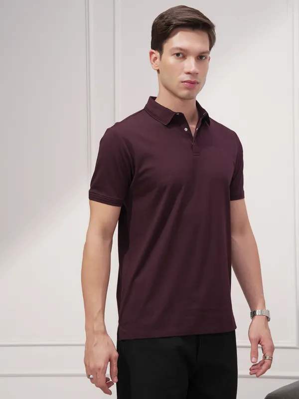 Highlander Men Maroon Solid Polo Collar Regular Fit T-Shirt