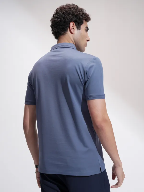 Highlander Men Blue Solid Polo Collar T-Shirt