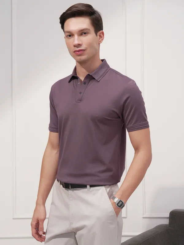 Highlander Men Purple Solid Polo Collar T-Shirt
