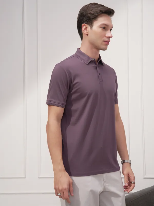 Highlander Men Purple Solid Polo Collar T-Shirt