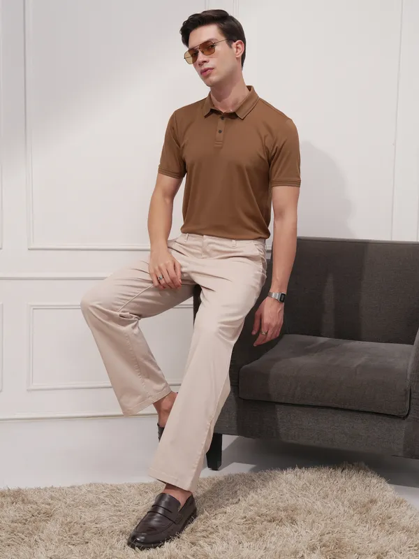 Highlander Men Brown Solid Polo Collar T-Shirt