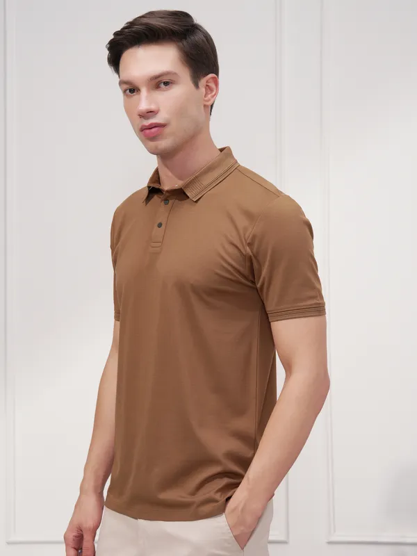 Highlander Men Brown Solid Polo Collar T-Shirt