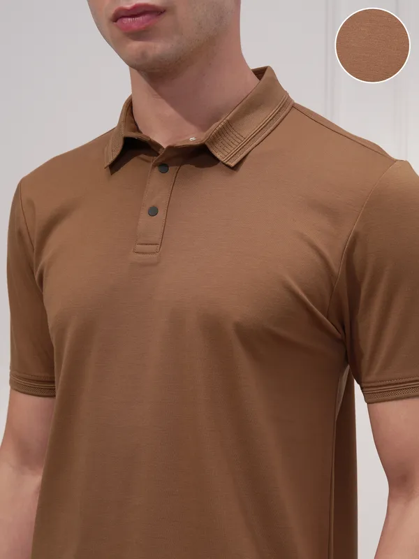 Highlander Men Brown Solid Polo Collar T-Shirt