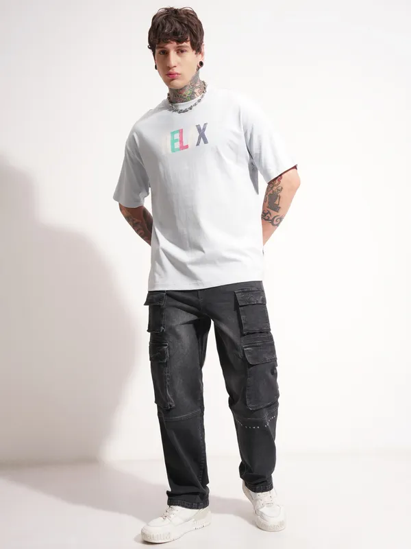 Highlander Men Grey Printed Round Neck Oversized Fit T-Shirt