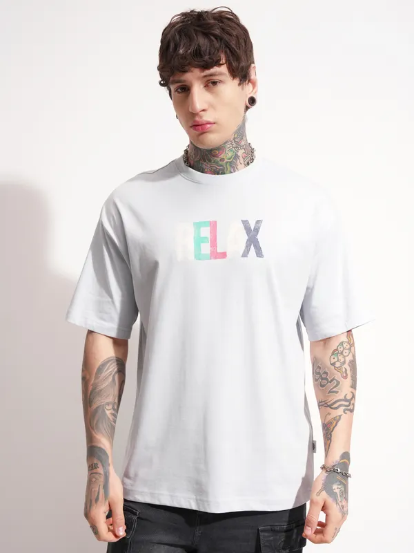 Highlander Men Grey Printed Round Neck Oversized Fit T-Shirt