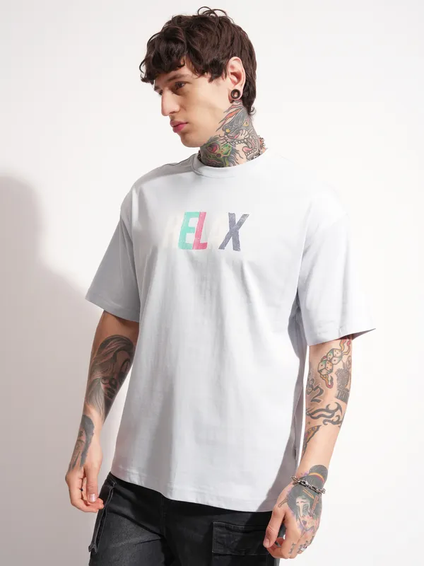 Highlander Men Grey Printed Round Neck Oversized Fit T-Shirt
