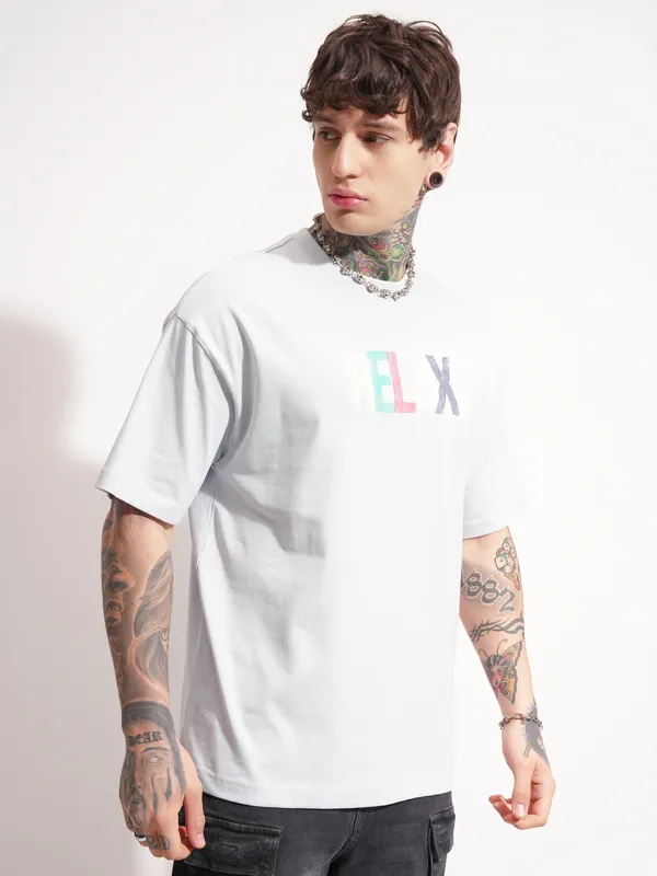 Highlander Men Grey Printed Round Neck Oversized Fit T-Shirt