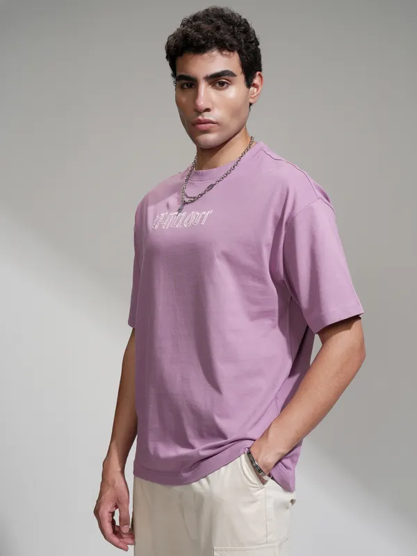 Highlander Men Mauve Printed Oversized Fit T-Shirt