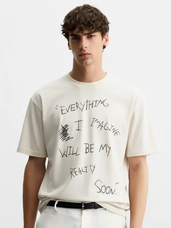 Highlander Men Off White Printed Round Neck Oversized Fit T-Shirt