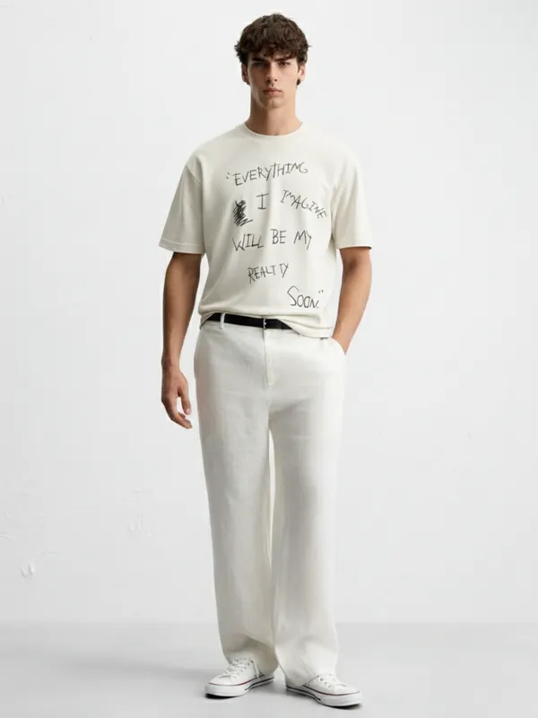 Highlander Men Off White Printed Round Neck Oversized Fit T-Shirt