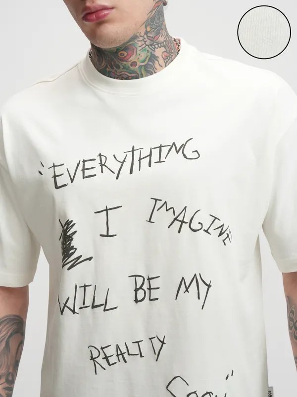 Highlander Men Off White Printed Oversized Fit T-Shirt