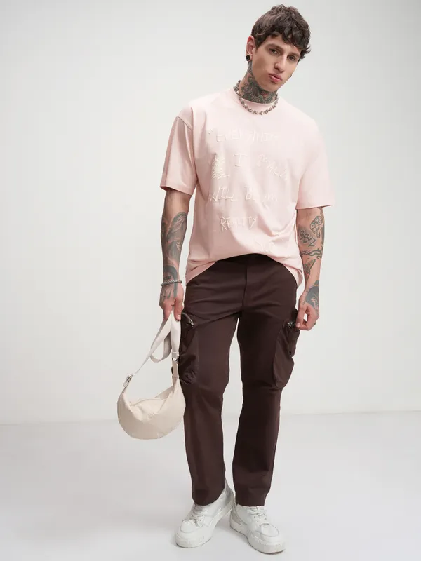 Highlander Men Pink Printed Round Neck Oversized Fit T-Shirt