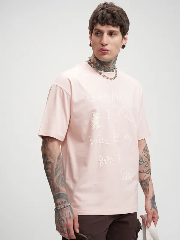 Highlander Men Pink Printed Round Neck Oversized Fit T-Shirt