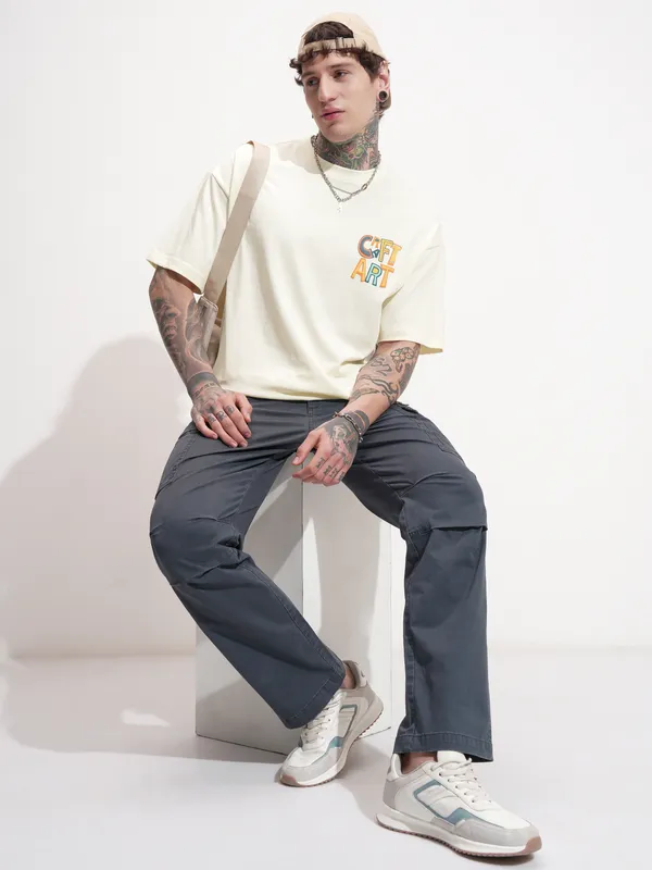 Highlander Men Cream Printed Round Neck Oversized Fit T-Shirt
