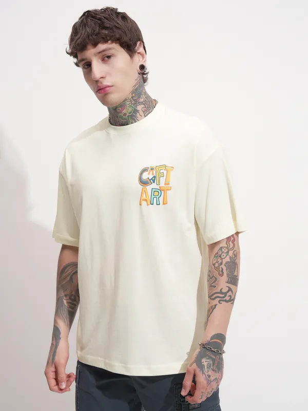 Highlander Men Cream Printed Round Neck Oversized Fit T-Shirt