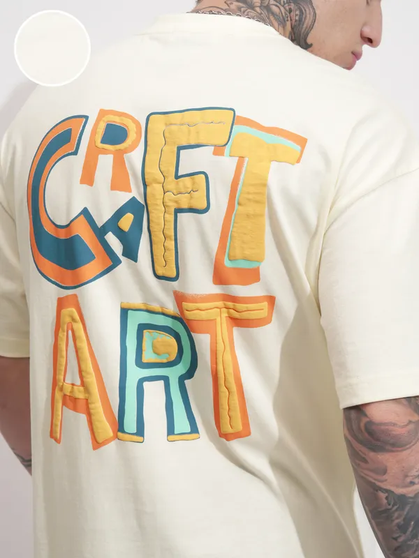 Highlander Men Cream Printed Round Neck Oversized Fit T-Shirt