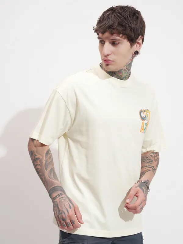 Highlander Men Cream Printed Round Neck Oversized Fit T-Shirt