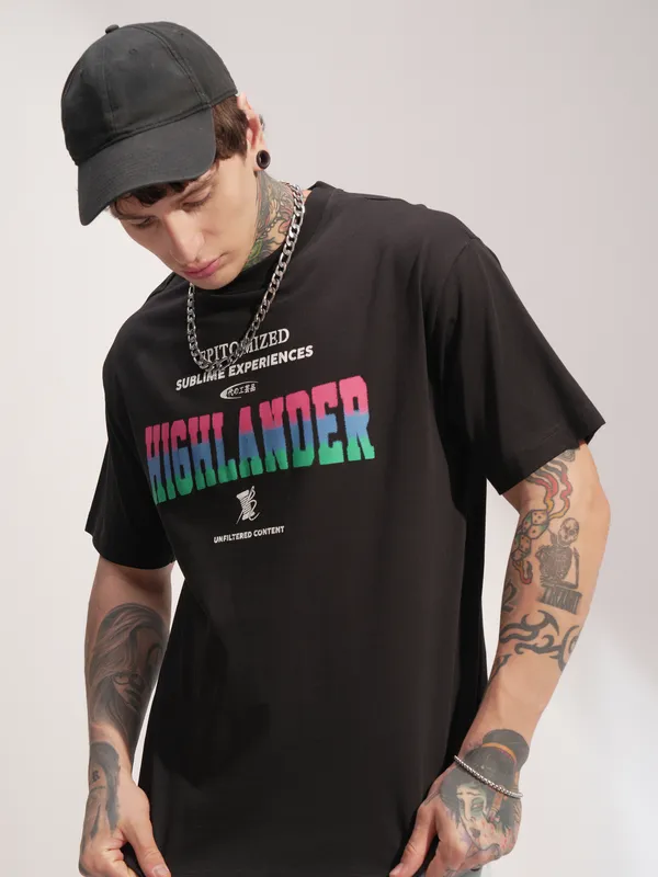 Highlander Men Black Printed Round Neck T-Shirt