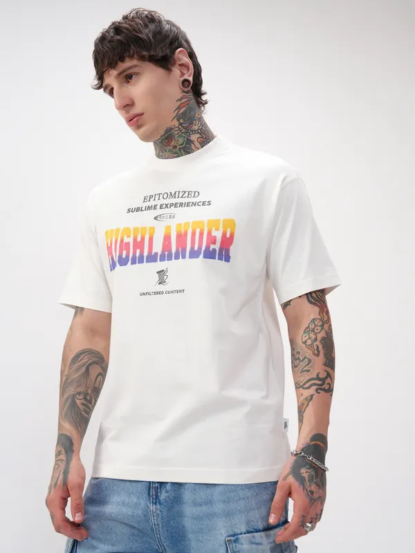 Highlander Men White Printed Round Neck T-Shirt