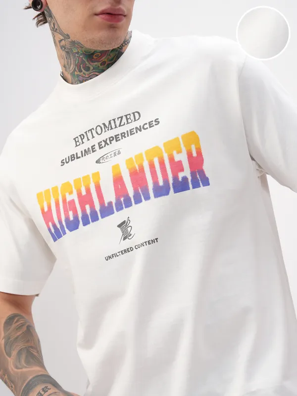 Highlander Men White Printed Round Neck T-Shirt