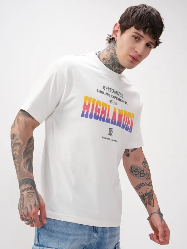 Highlander Men White Printed Round Neck T-Shirt