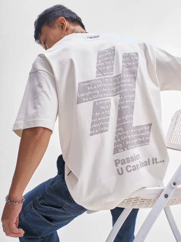 Highlander Men Off White Printed Round Neck Oversized Fit T-Shirt