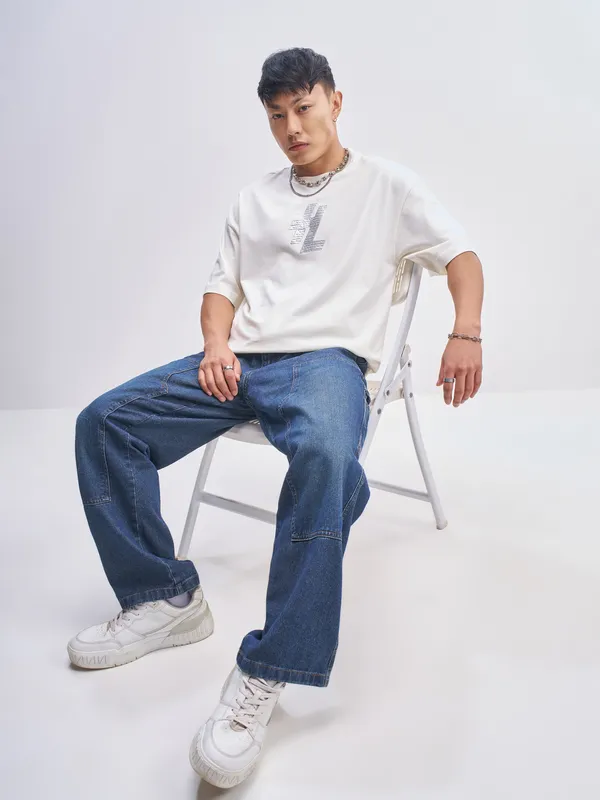 Highlander Men Off White Printed Round Neck Oversized Fit T-Shirt