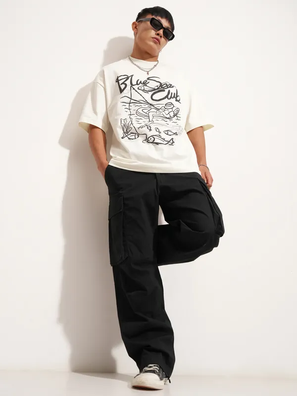 Highlander Men Off White Printed Round Neck Oversized Fit T-Shirt