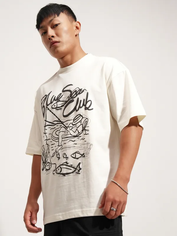 Highlander Men Off White Printed Round Neck Oversized Fit T-Shirt