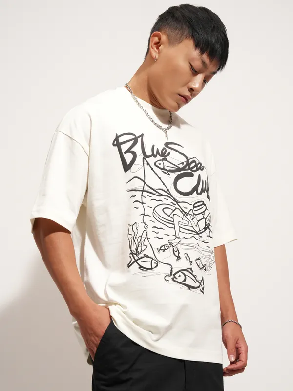 Highlander Men Off White Printed Round Neck Oversized Fit T-Shirt