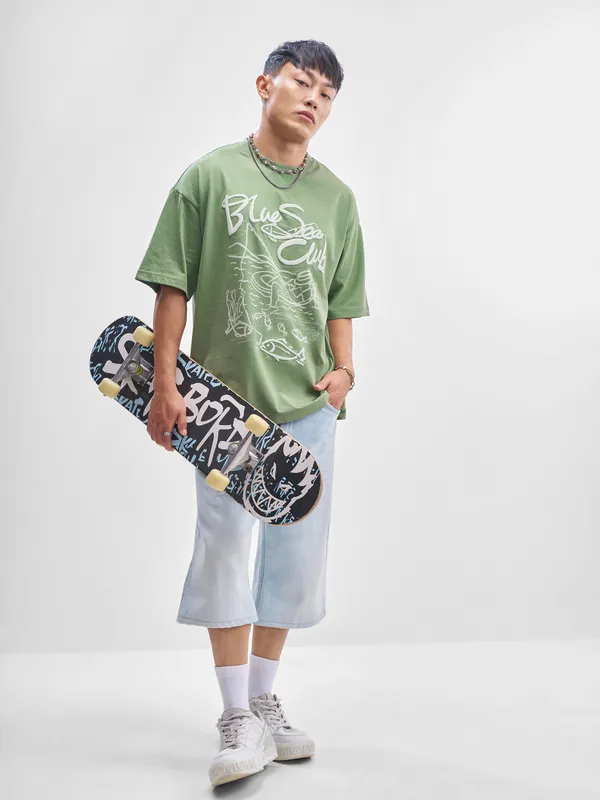 Highlander Men Green Printed Round Neck Oversized Fit T-Shirt