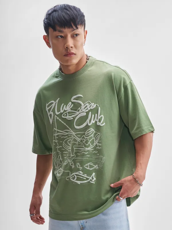 Highlander Men Green Printed Round Neck Oversized Fit T-Shirt