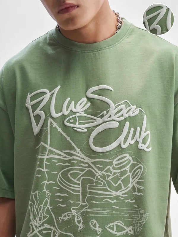 Highlander Men Green Printed Round Neck Oversized Fit T-Shirt