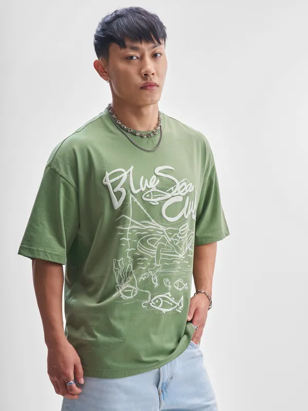 Highlander Men Green Printed Round Neck Oversized Fit T-Shirt