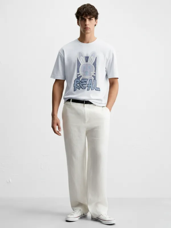 Highlander Men Grey Printed Round Neck Oversized Fit T-Shirt