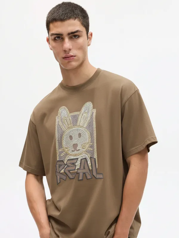 Highlander Men Khaki Printed Round Neck Oversized Fit T-Shirt