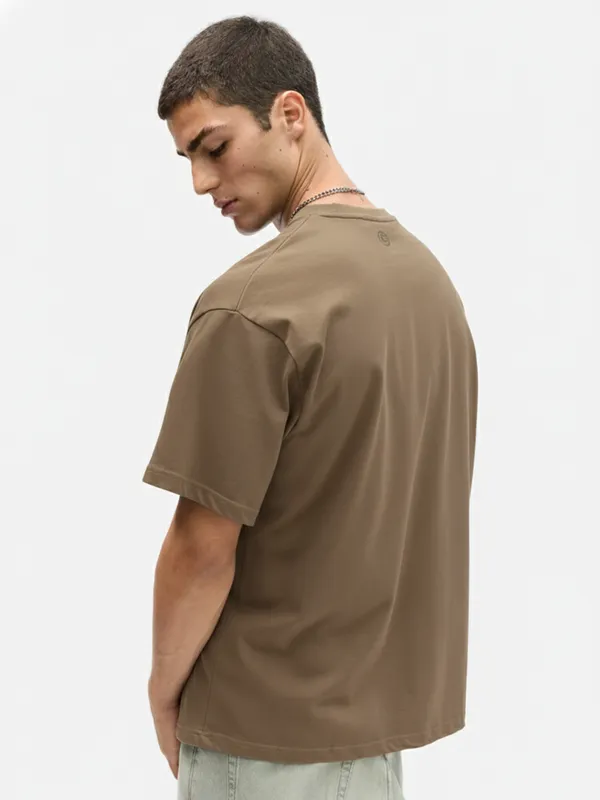 Highlander Men Khaki Printed Round Neck Oversized Fit T-Shirt